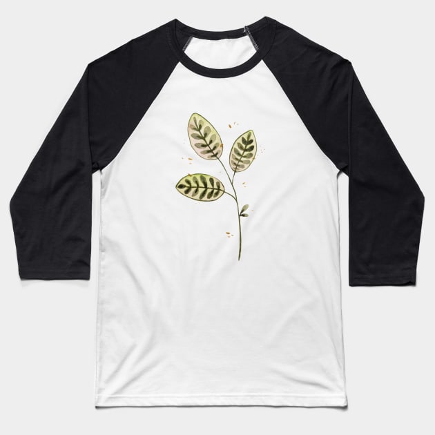 Green Watercolor Leaves Baseball T-Shirt by Ellen Wilberg